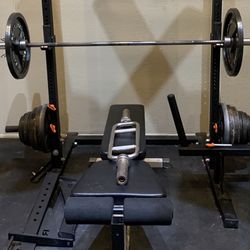 Weight equipment including weights, bench, rack, bar, Mats , Matador Dip Bar , Saftyarms 