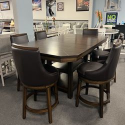 7PC Brown Counter Height Dining Set w/ Swivel Chairs 