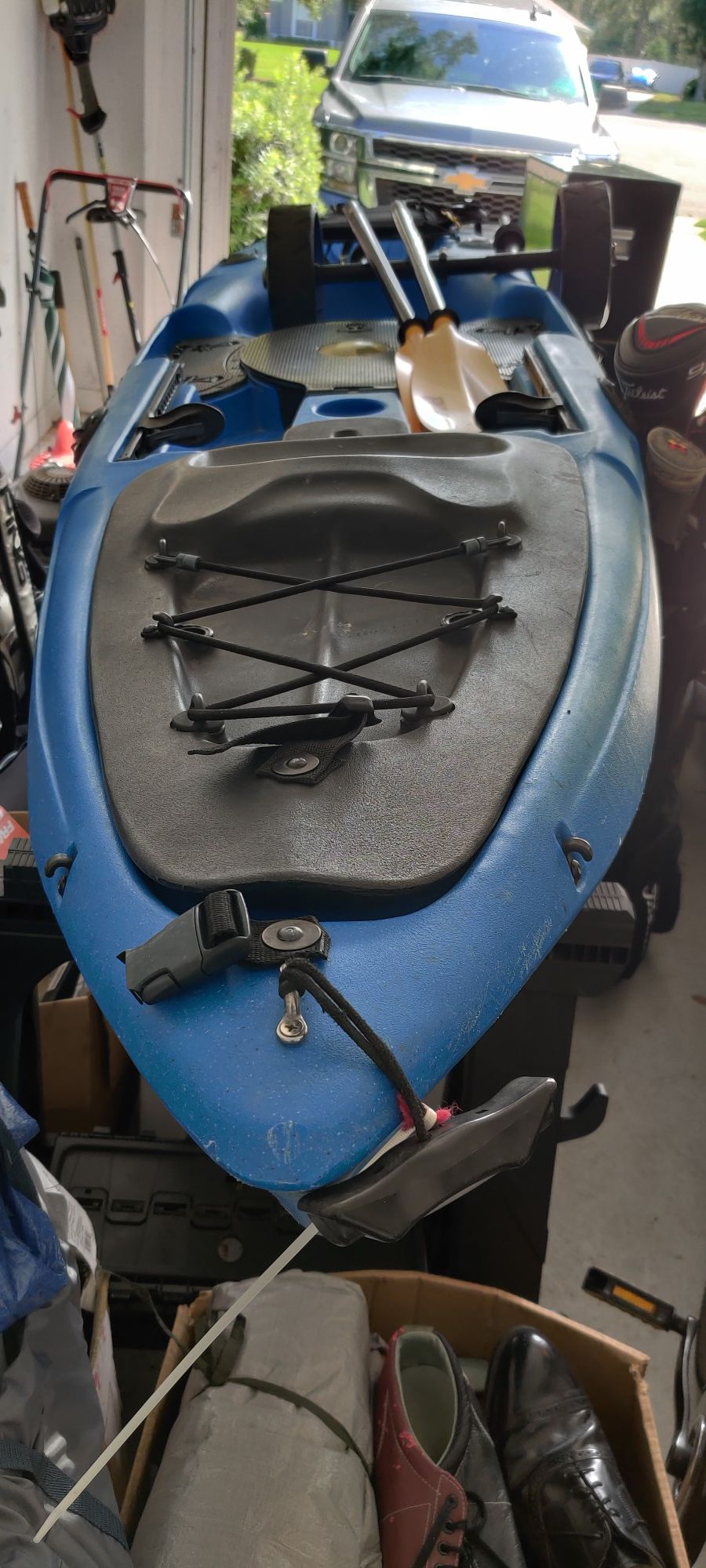 12 foot Malibu Kayak, seat, wheels, anchor, and carbon fiber multi positional paddle