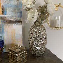 Mercury Glass Gold Floral Vase With Candle Vase Set