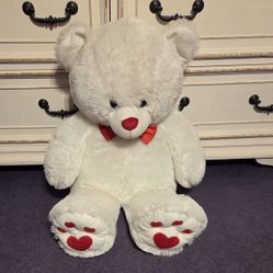 Large White Teddy Bear With Red Bow