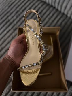 Jessica Simpson Gold/Clear Snake Print Rhinestone Strappy Stiletto Heels 7.5