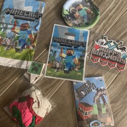 Minecraft Party Supplies Small Plates, Table Cover, Cup Cake Toppers, Cake Topper, Balloons, Banner, Goodie Bags