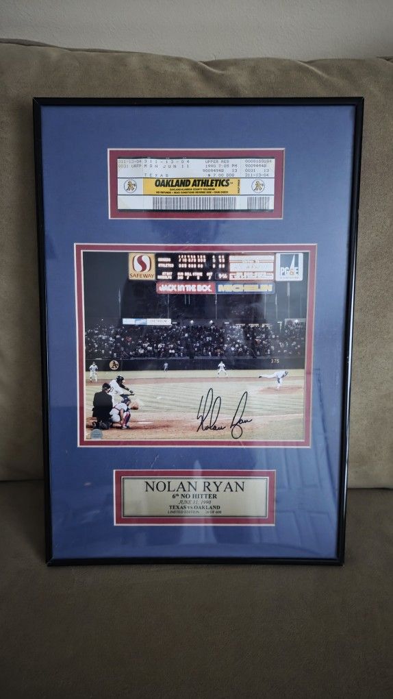Nolan Ryan Signed Photo 6th No-Hitter Framed Matted Ticket Stub 12x18 Baseball