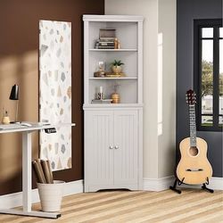 White MDF 4 -Shelf Corner Bookcase with Doors ( 23-in W x 63-in H x 16-in D ) White brand new in box $75 N122（1）