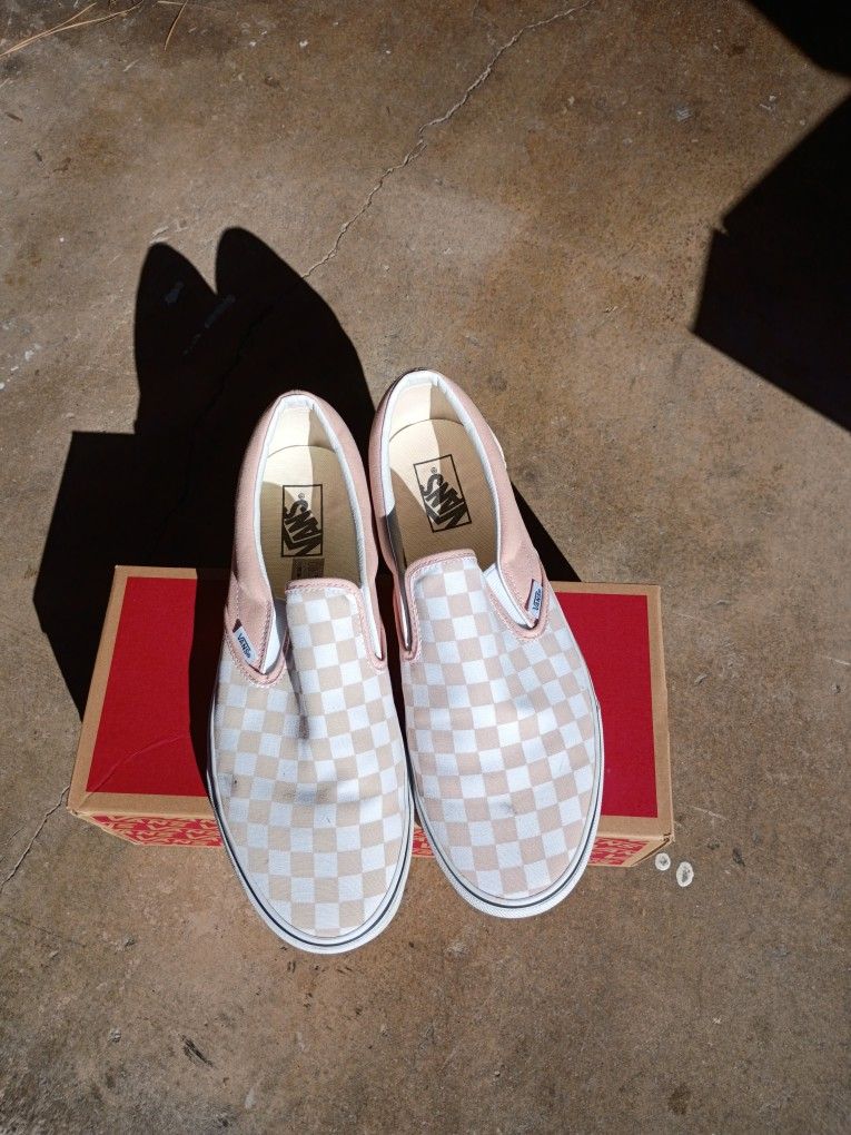 Salmon Color Checkered Vans Slip On.