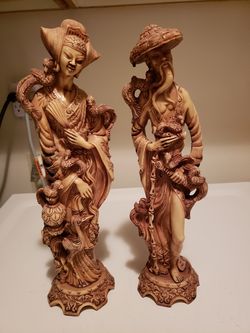 Amazing Pair of Asian Carved Cast Resin Statues