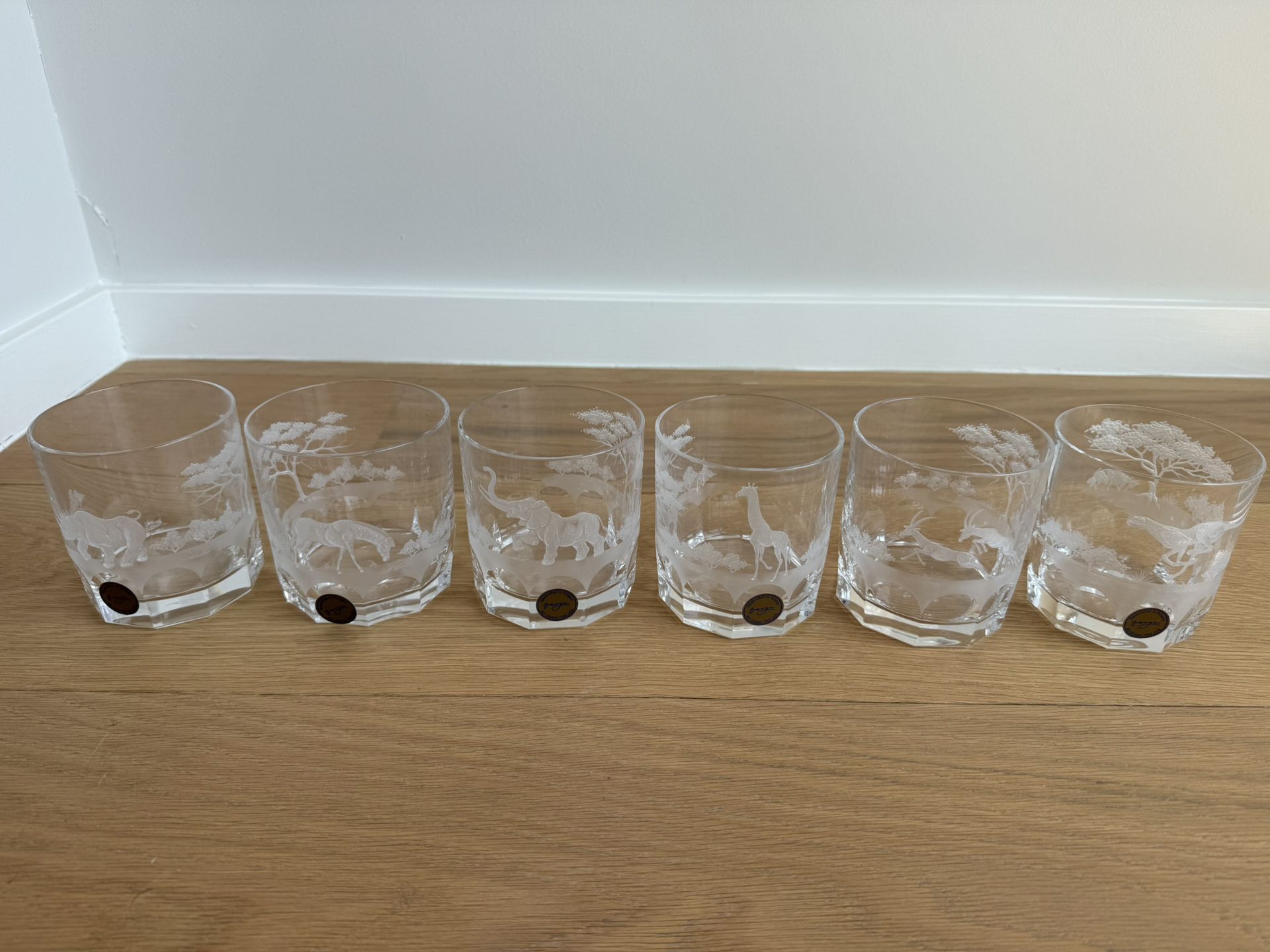 Varga Art Crystal Safari Double Old Fashioned DOF Glasses Hand Engraved Hungary
