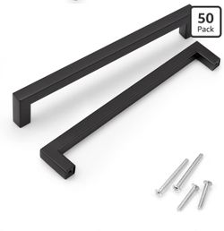 KNOBWELL Black Cabinet Handles 192mm, Stainless Steel Kitchen Cupboard Door Handles, Euro Style Square Kitchen Drawer Pulls - Hole Centers 7-9/16", Ov