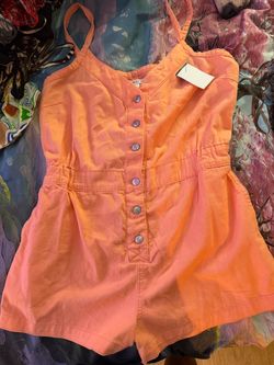🧡 Celebrity Pink Coral Denim Romper – Size Large