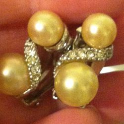 Vintage CINAR Double Faux Pearl Earrings Clip On Silver Tone Clear Rhinestones