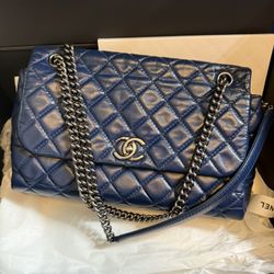 Authentic CHANEL Classic Maxi Flap Bag – Blue Quilted Oil Wax Calfskin with Silver Hardware 