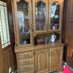 Solid Oak Display Lighted Case - Curio Cabinet- Hutch With Glass Shelves And Storage
