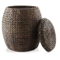 Round Water Hyacinth Storage Basket/Hamper with Lid - Espresso