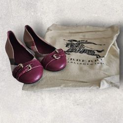 Authentic NEW Burberry For Girls Beige/Burgundy Nova Check Canvas And Leather Ballet Flats Size 28