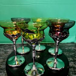 Art Deco FARBER BROTHERS Crystal Chrome Liqueur Cocktail Glasses Set of 6
