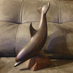 Vintage Hand-Carved Solid Wood Dolphin Sculpture Figure