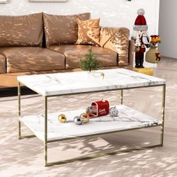  2 Tier White Faux Marble Print Coffee Table