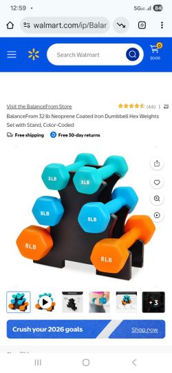 BalanceFrom 32 lb Neoprene Coated Iron Dumbbell Hex Weights Set with Stand, Color-Coded Brand New In The Box