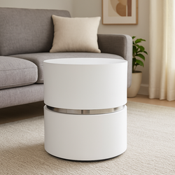 Modern White Cylindrical Side Table with Chrome Accent – Contemporary Accent Table or Nightstand