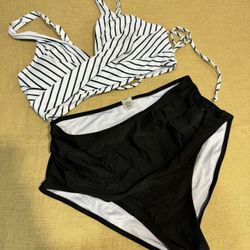 Women High Waisted Bikini Two Piece Tummy Control V Neck Swimsuit 