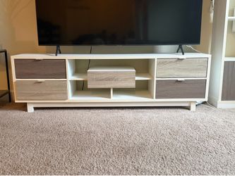 Modern 70-inch White TV Stand Entertainment Center with Natural Wood Accents