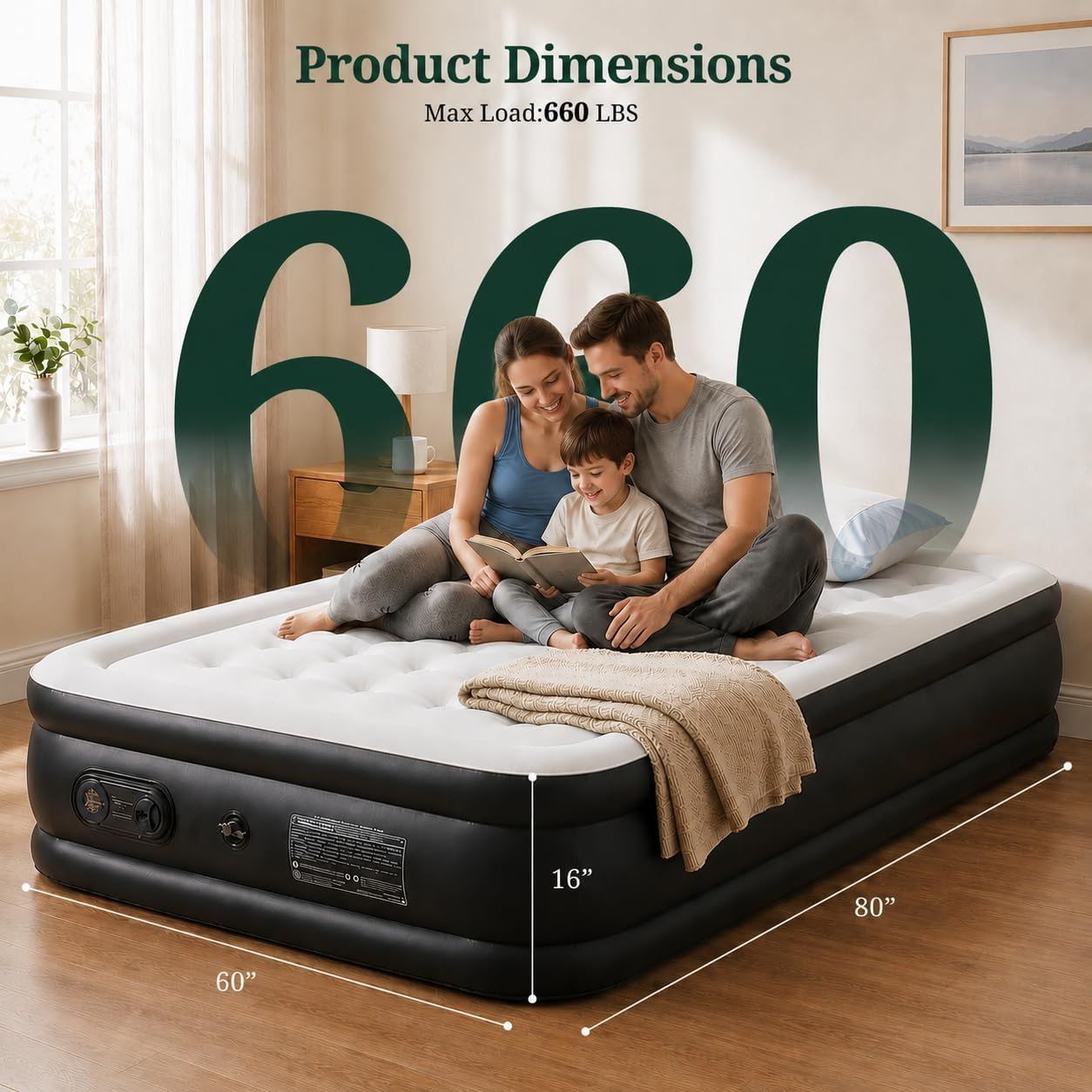18-inch tall, raised Queen-sized air mattress.