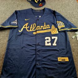 Atlanta Braves Austin Riley navy blue 2021 world series championship edition jersey fitted hat combo