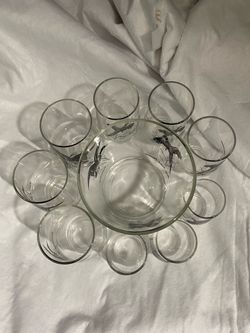 VINTAGE GAME BIRD GLASS SET W/ ICE BOWL