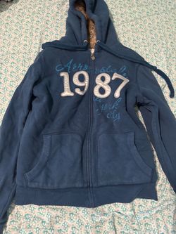 Vintage Y2K Aeropostale Blue Faux Fur Lined Zip Up Hoodie 1987 Graphic Size XL