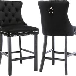 26.7" Bar Stools Set of 1, Height Bar Stools with Tufted Back, Silver Pull Ring and Solid Wood Legs, Black