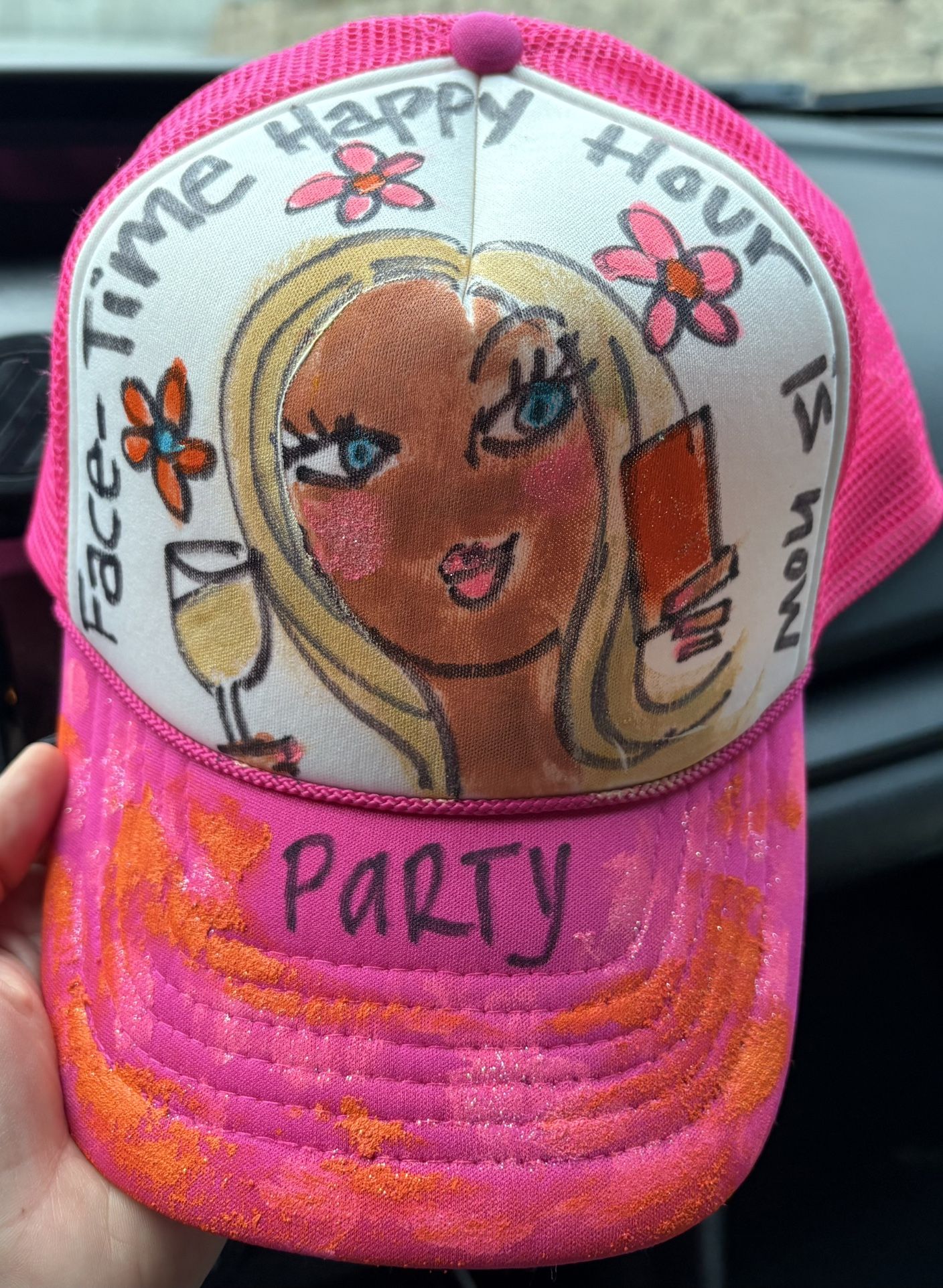 OOAK FaceTime Happy Hour Is Now Party Hat Hand Painted