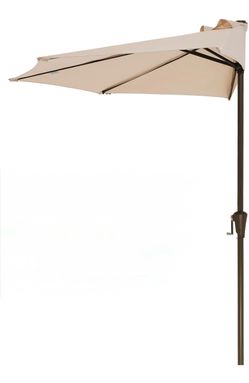 9 ft Half Round Wall-Side Outdoor Patio Umbrella w/Crank, 5 Sturdy Ribs - Beige