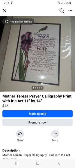 Mother Teresa Prayer Calligraphy Print with Iris Art 11" by 14"