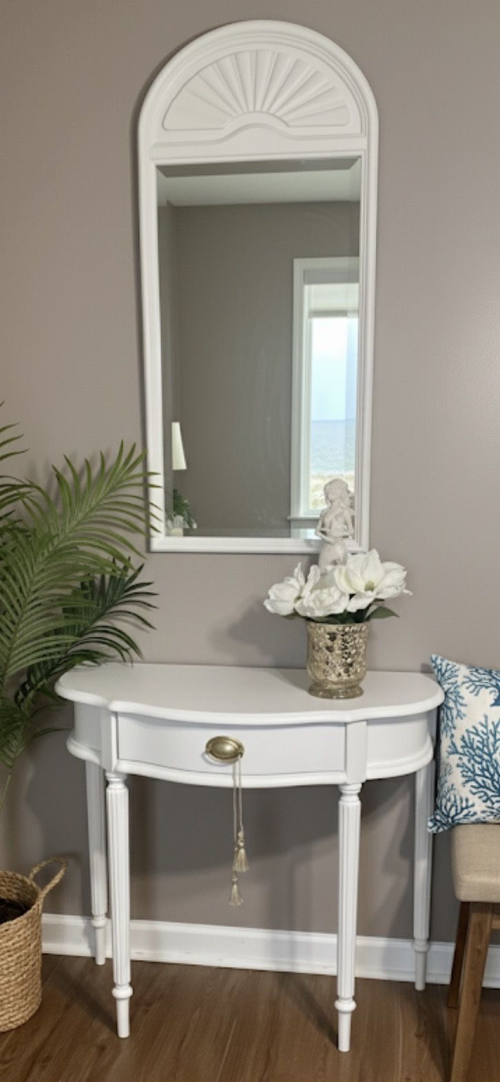 Coastal White Demilune Half-Moon Console Foyer Table and Mirror The Bombay Company