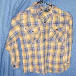 Calvin Klein Jeans boys size 7 Brown, Blue, and yellow Plaid Dress Shirt