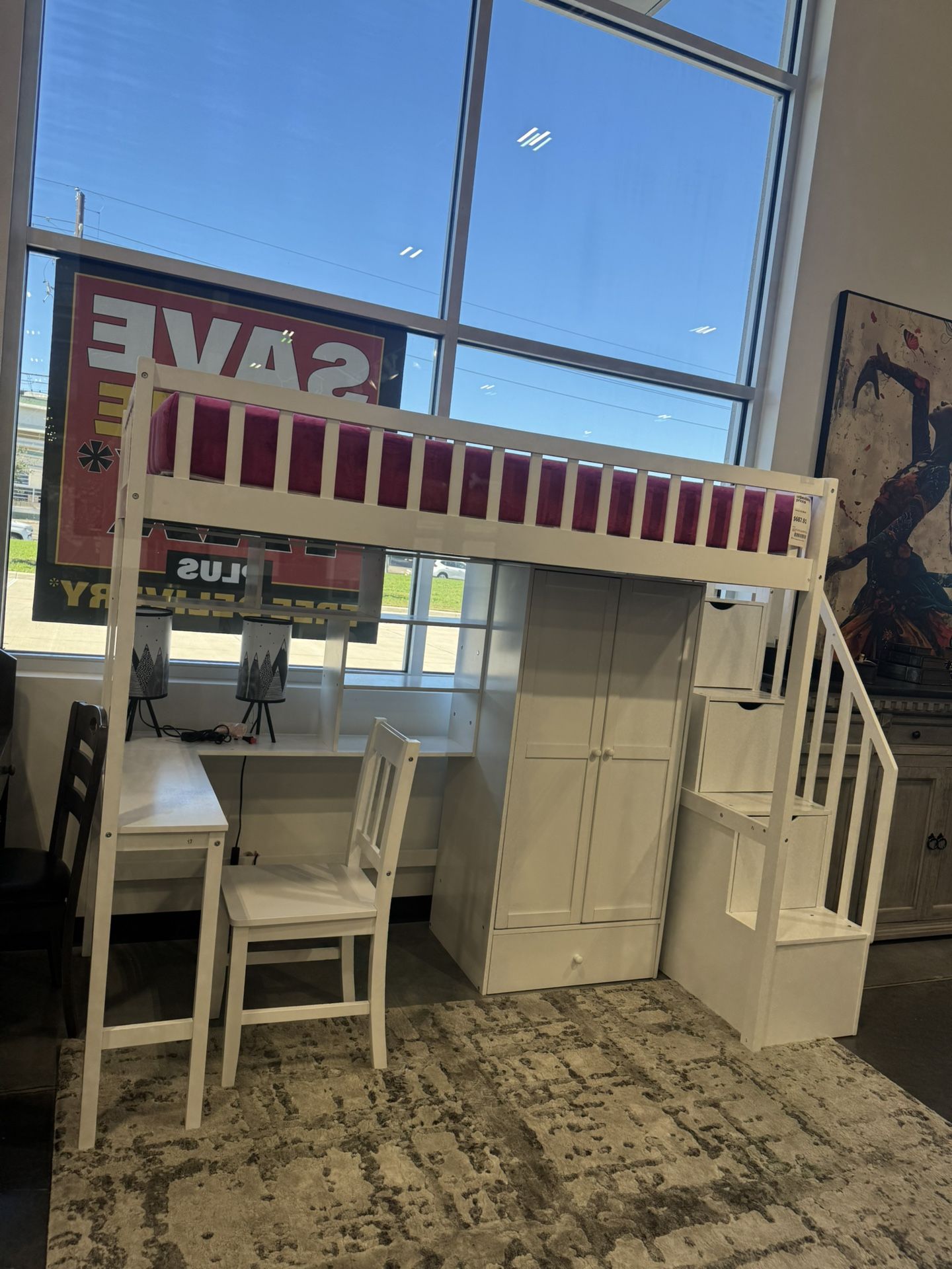 TWIN SIZE LOFT BED WITH INTEGRATED DESK, BOOKSHELF, WARDROBE, AND CHAIR.