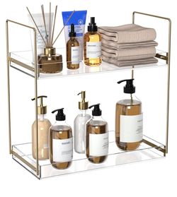 Bathroom Countertop Organizer, 2 Tier Acrylic Tray Vanity Counter Skincare Organizer Shelf, Kitchen Under Sink Standing Rack, Home Storage Holder for