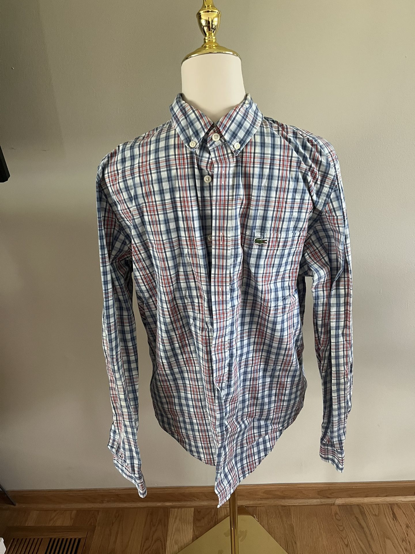 Lacoste Shirt Mens Size 40 Blue Red White Plaid Casual Button Up Long Sleeve