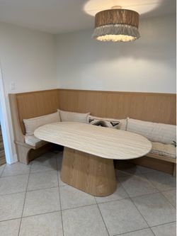 New oval faux travertine dining table with light oak base, free delivery ✅ modern oval dining table with stone top, sintered stone top travertine look