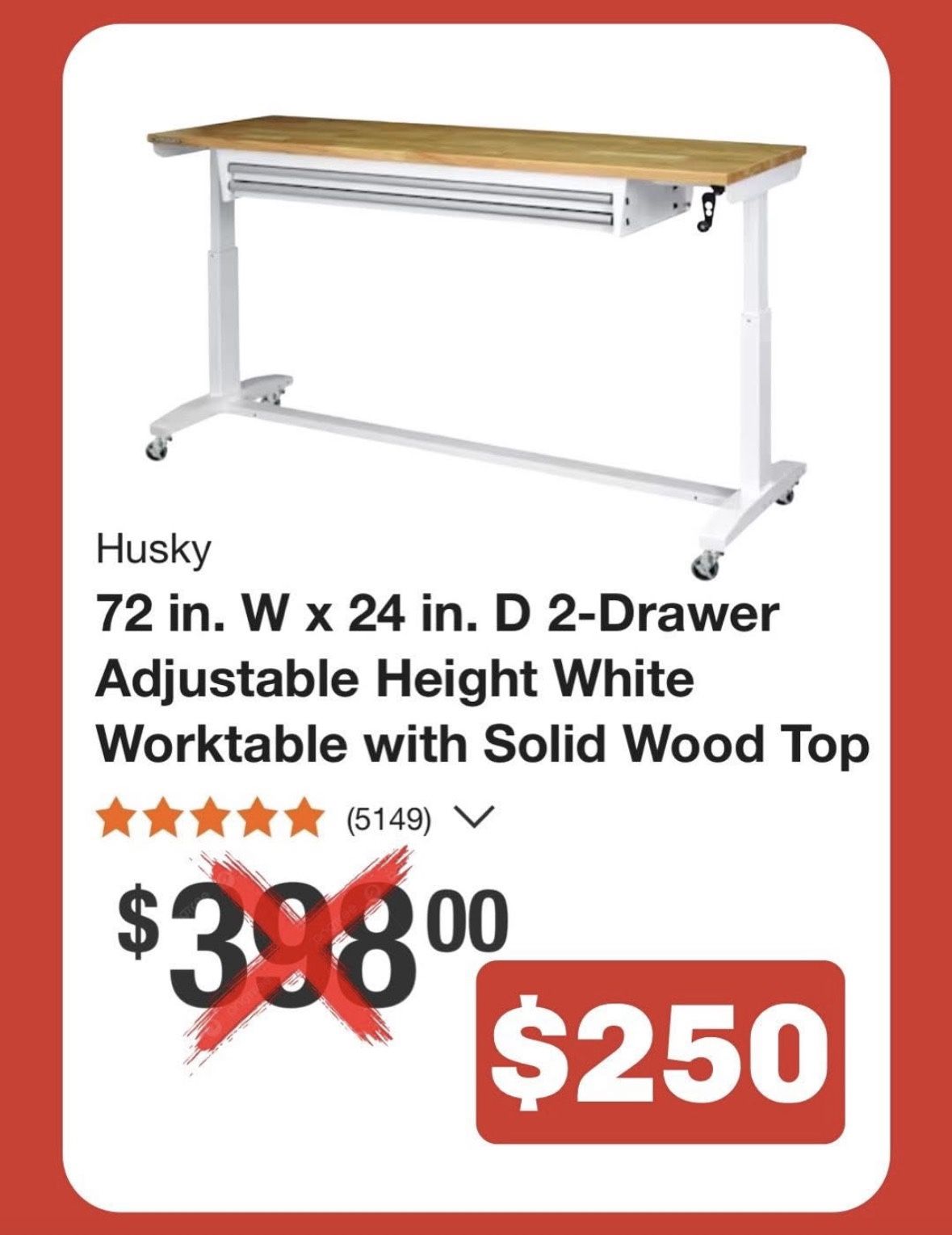 Husky 72in Adjustable Height Work Table
