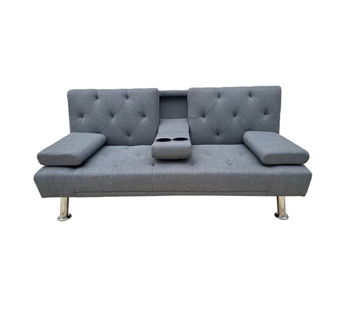 Upholstered Futon Sofa Bed, Linen Futon Sofa Couch with Adjustable Backrest & Removable Armrests, 2 Cup Holders, Convertible Sleeper Sofa Loveseat for