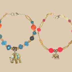 Blue and orange beaded elephant bracelet set