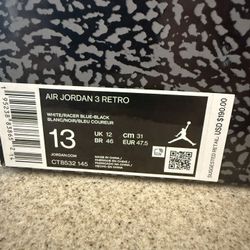 Jordan 3 White/racer Blue Size 13 325$