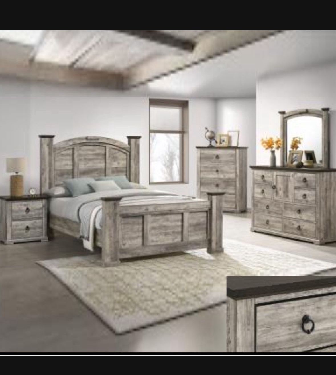 4- Pc Bedroom set Dresser,Mirror Nightstand (1) Queen size bed frame Not including Mattress and Box Sp