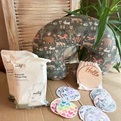 LIKE NEW Excellent Condition Boppy Nursing Pillow Forest Woodland Animals, 200 Count Of Unopened Breastmilk Storage Bags, Set Of 4 Reusable Breast Pad