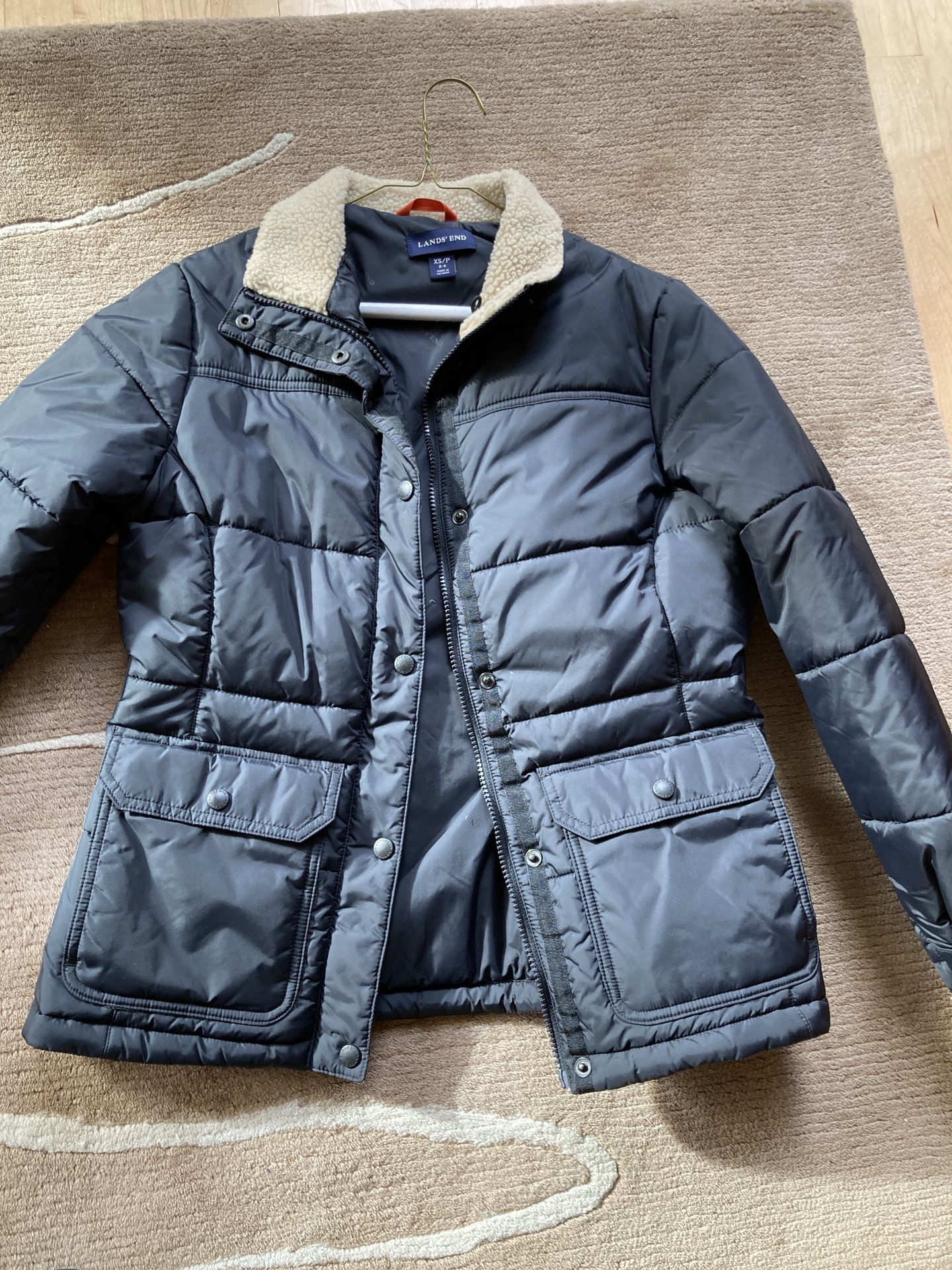 LANDS END Womens Quilted Puffer Barn Jacket Black SZ XS/Petite 2-4 Pockets Sherpa Collar.