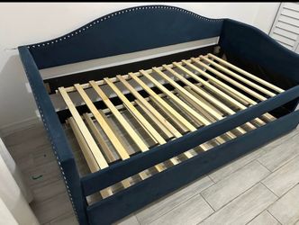 ::::Beautiful Navy Blue Upholstered Bed Frame;:;;