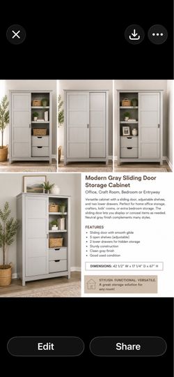 Modern gray storage cabinet with sliding doors, shelves and drawers
