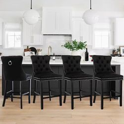 Velvet Upholstered Bar Stools Set of 4 with Back and Wood Legs, Metal Pulling Ring, Armless Counter Height Barstools for Kitchen Island, Pub(Black) 